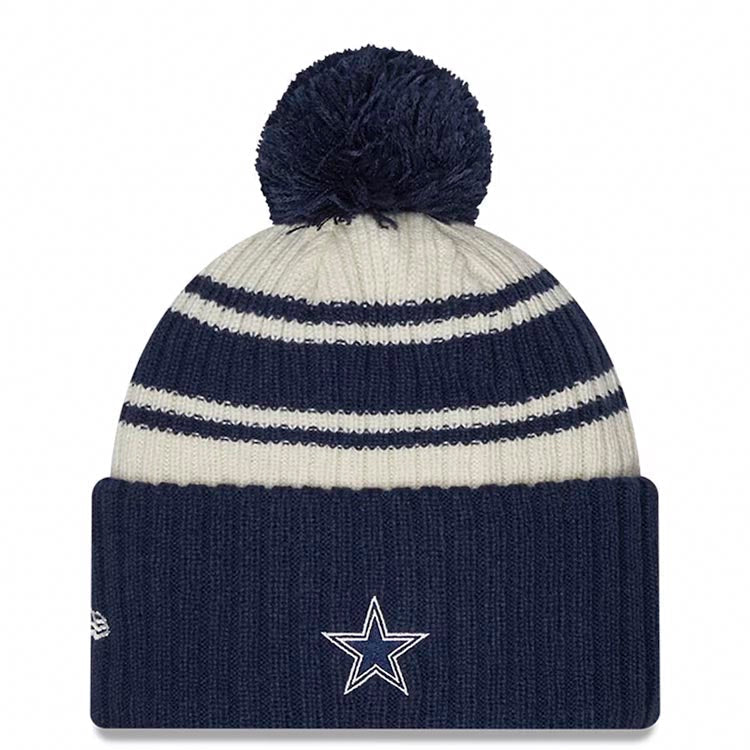 Dallas Cowboys New Era NFL Cuffed Pom Knit Beanie Hat Cream/Navy Blue Crown/Visor Team Color Logo (2022 Sideline)