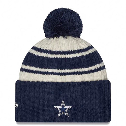 Dallas Cowboys New Era NFL Cuffed Pom Knit Beanie Hat Cream/Navy Blue Crown/Visor Team Color Logo (2022 Sideline)