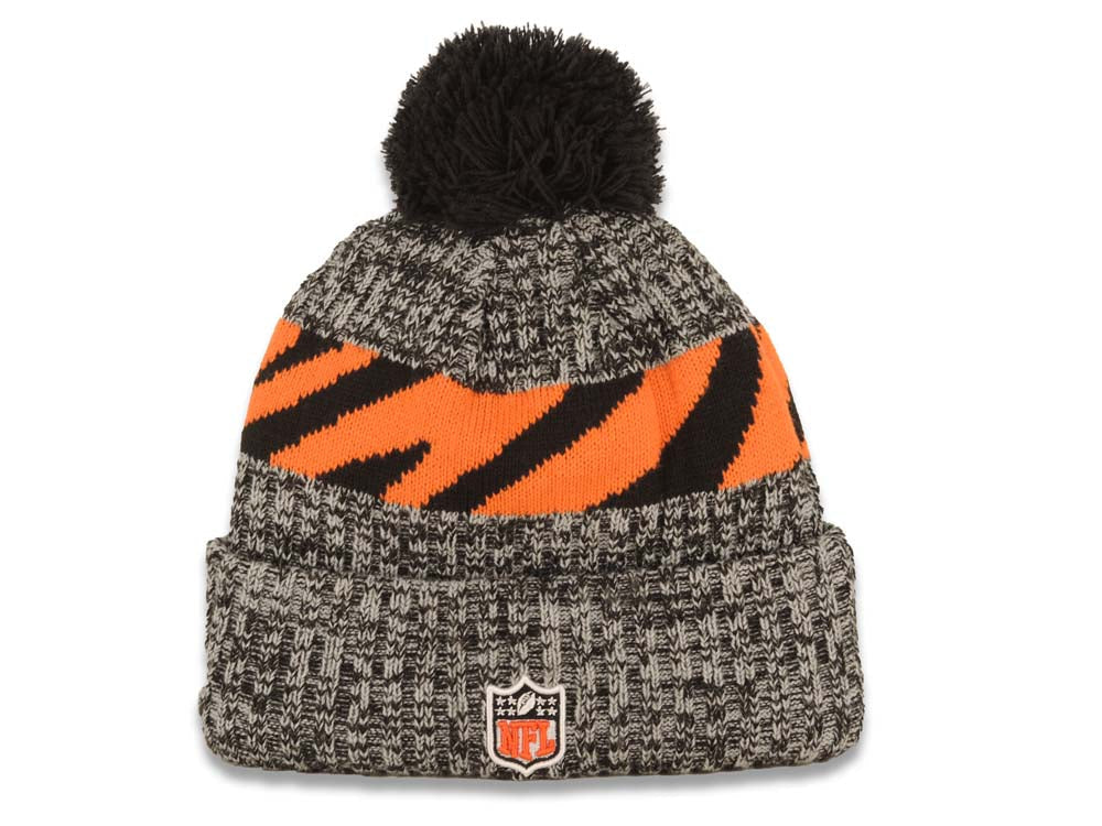 Cincinnati Reds New Era NFL Cuffed Pom Sideline Beanie/Knit Hat Black/Gray/Orange Crown/Visor Team Color Logo