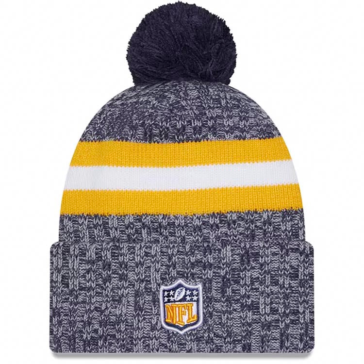 Los Angeles Chargers New Era NFL Cuffed Pom Knit Beanie Hat Navy/Gray/Yellow Crown/Visor Navy Blue/Yellow Logo (2023 Sideline)