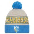 Los Angeles Chargers New Era NFL Cuffed Pom Knit Beanie Hat Cream/Sky Blue Crown/Visor Team Color Shield Logo (2023 Sideline)