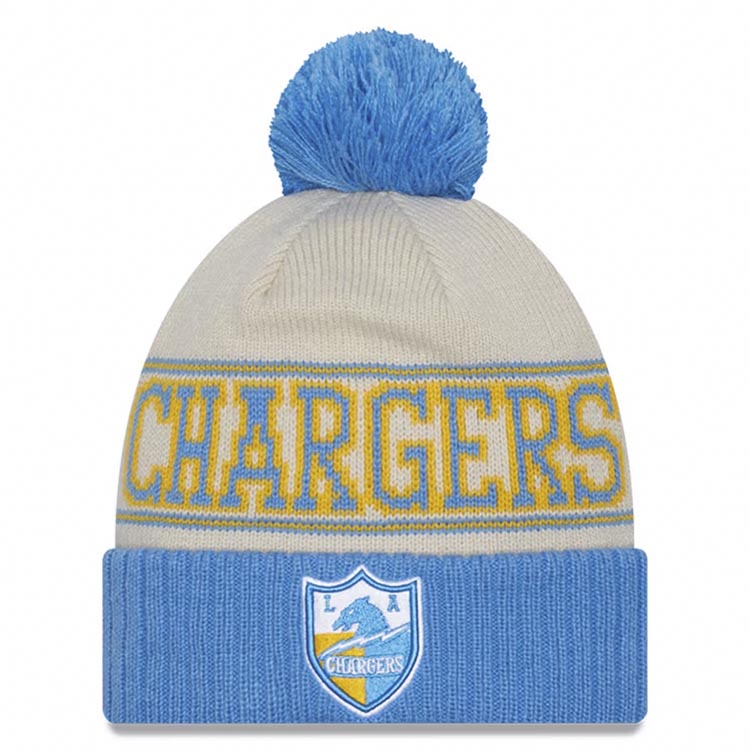 Los Angeles Chargers New Era NFL Cuffed Pom Knit Beanie Hat Cream/Sky Blue Crown/Visor Team Color Shield Logo (2023 Sideline)
