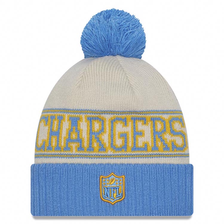 Los Angeles Chargers New Era NFL Cuffed Pom Knit Beanie Hat Cream/Sky Blue Crown/Visor Team Color Shield Logo (2023 Sideline)