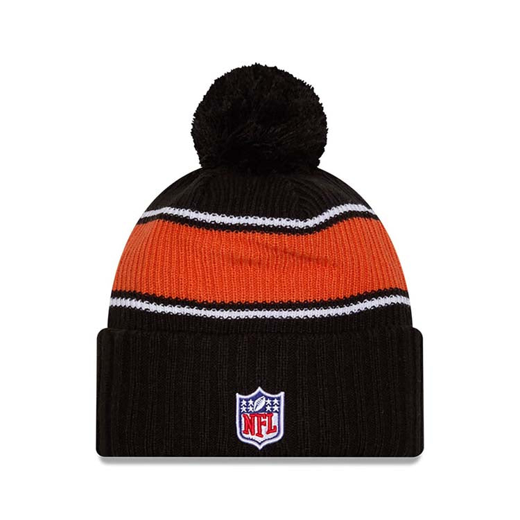 Cincinnati Bengals New Era NFL Cuffed Pom Beanie/Knit Hat Black/Orange Crown/Visor Team Color Logo (2024 Sideline)