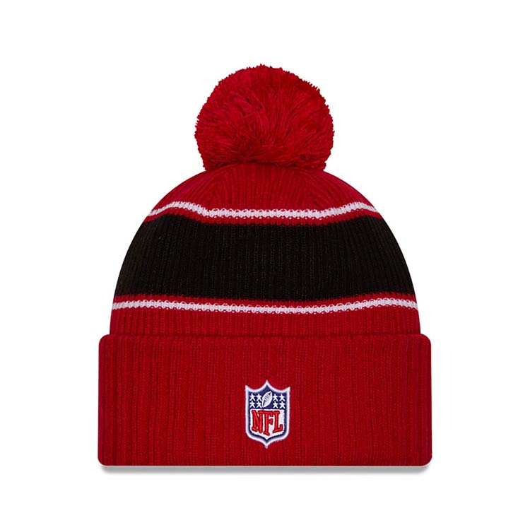San Francisco 49ers New Era NFL Cuffed Pom Beanie/Knit Hat Red/Black Crown/Visor Team Color Logo (2024 Sideline)