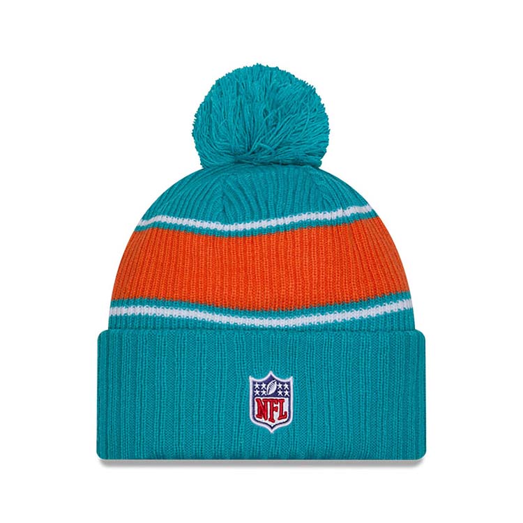Miami Dolphins New Era NFL Cuffed Pom Beanie/Knit Hat Aqua/Orange Crown/Visor Team Color Logo (2024 Sideline)