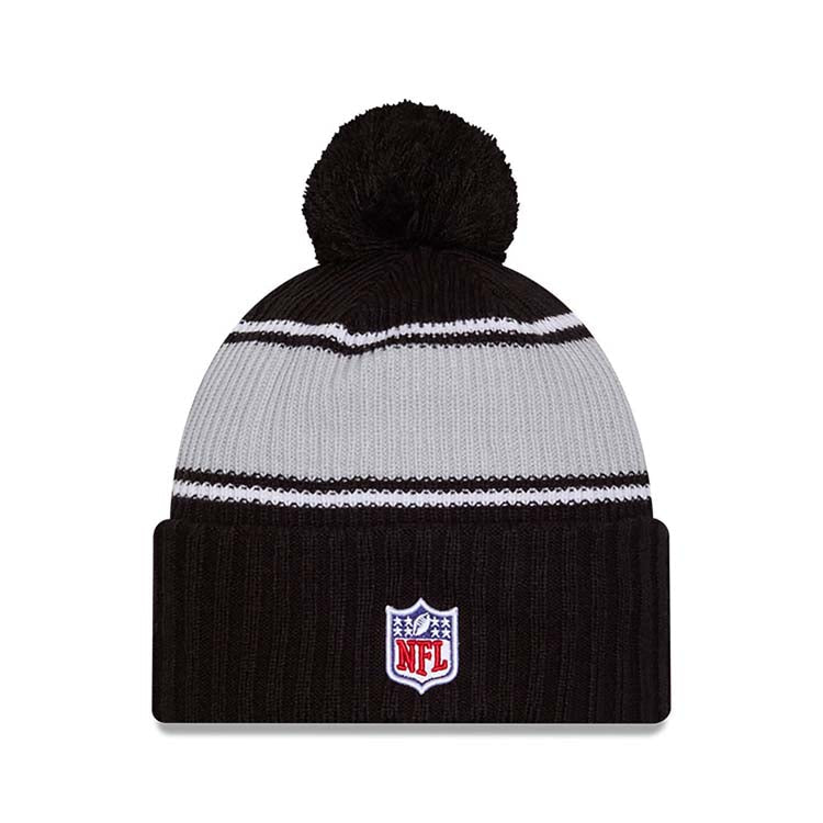 Las Vegas Raiders New Era Cuffed Pom Beanie/Knit Hat Black/White Crown/Visor Team Color Logo (2024 Sideline)