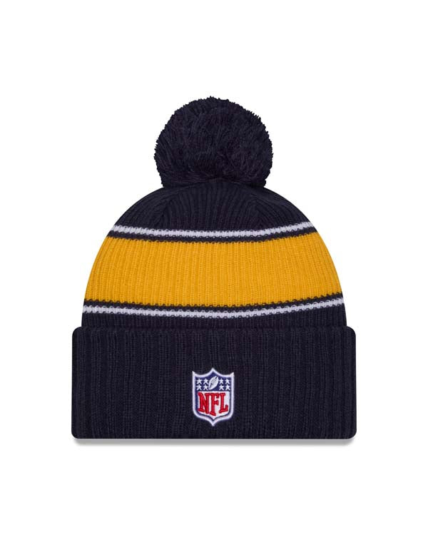 Los Angeles Chargers New Era NFL Cuffed Pom Beanie/Knit Hat Navy Blue/Yellow Crown/Visor Team Color Logo (2024 Sideline)
