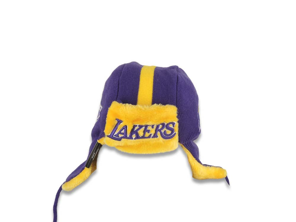 Los Angeles Lakers New Era NBA Helmet Head Trapper Knit Beanie Hat Yellow/Purple Crown/Visor Team Color Logo