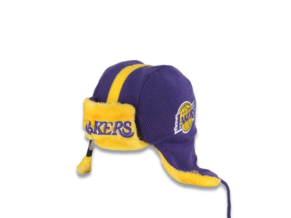 Los Angeles Lakers New Era NBA Helmet Head Trapper Knit Beanie Hat Yellow/Purple Crown/Visor Team Color Logo
