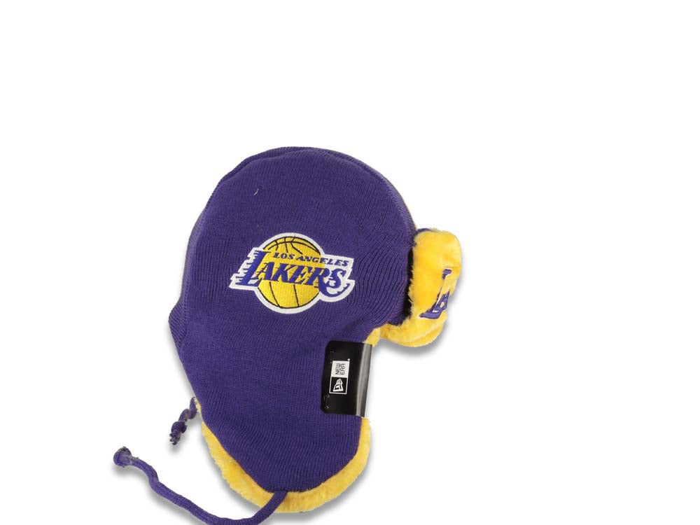 Los Angeles Lakers New Era NBA Helmet Head Trapper Knit Beanie Hat Yellow/Purple Crown/Visor Team Color Logo