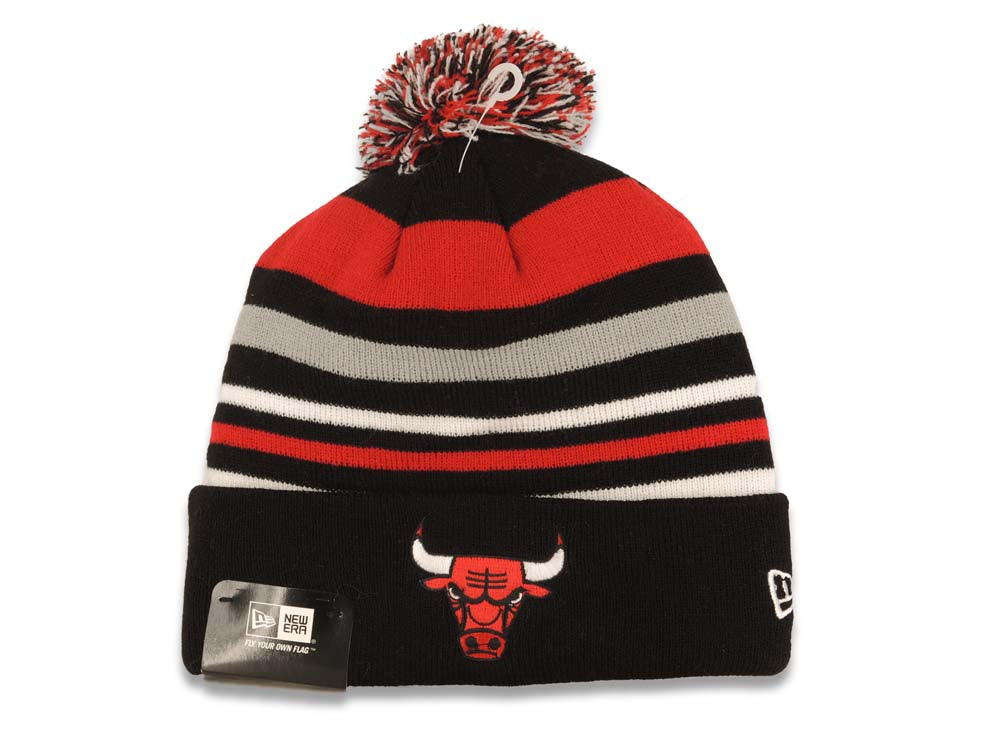 Chicago Bulls New Era NBA Cuffed Pom Beanie/Knit Hat Red/Black/White Crown/Visor Team Color Logo (Stripe Out)