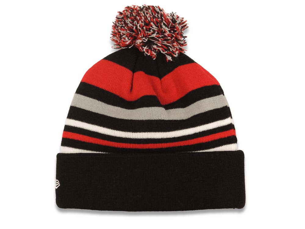 Chicago Bulls New Era NBA Cuffed Pom Beanie/Knit Hat Red/Black/White Crown/Visor Team Color Logo (Stripe Out)