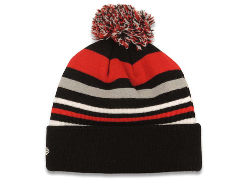 Chicago Bulls New Era NBA Cuffed Pom Beanie/Knit Hat Red/Black/White Crown/Visor Team Color Logo (Stripe Out)