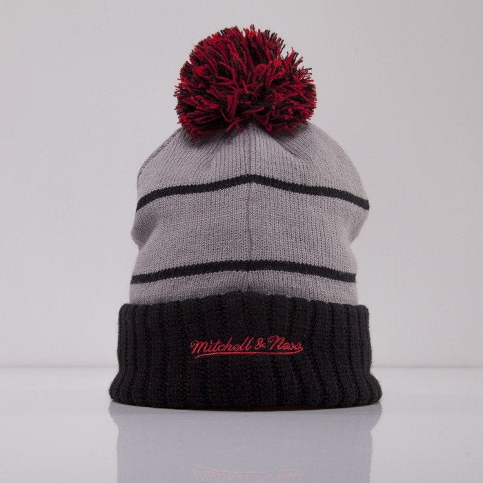 Chicago Bulls Mitchell & Ness NBA Pom Knit Beanie Hat Red/Gray/Black Crown/Visor Team Color Logo
