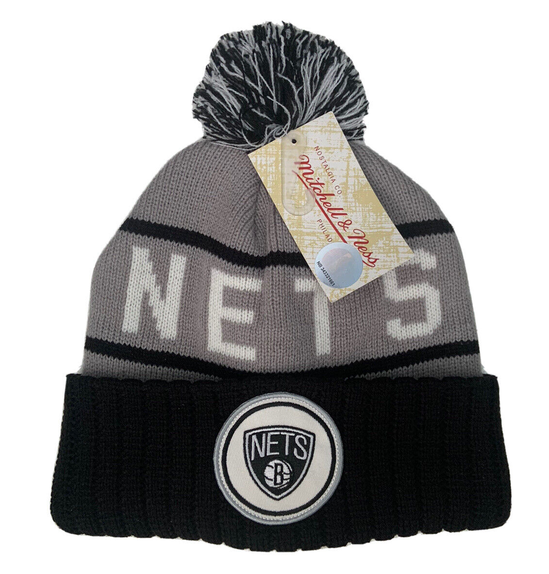 Brooklyn Nets Mitchell & Ness NBA Pom Knit Beanie Gray/Black Crown/Visor Team Color Logo (High 5)