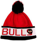 Chicago Bulls Mitchell & Ness NBA Pom Knit Beanie Red/Black/White Crown/Visor Red Text/Script Logo (Vintage Block)