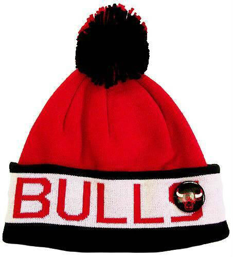 Chicago Bulls Mitchell & Ness NBA Pom Knit Beanie Red/Black/White Crown/Visor Red Text/Script Logo (Vintage Block)