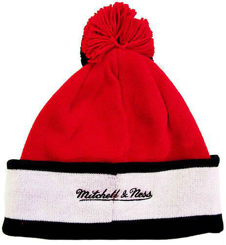 Chicago Bulls Mitchell & Ness NBA Pom Knit Beanie Red/Black/White Crown/Visor Red Text/Script Logo (Vintage Block)