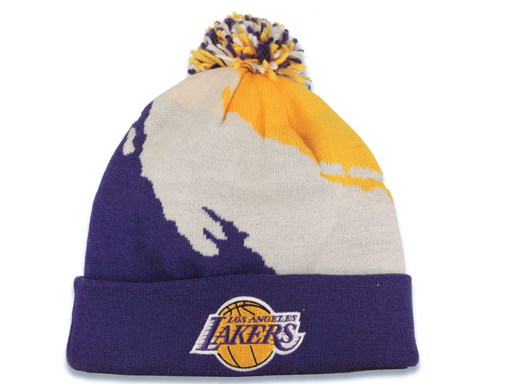 Los Angeles Lakers Mitchell & Ness NBA Pom Paint Knit Beanie Yellow/White/Purple Crown/Visor Team Color Logo