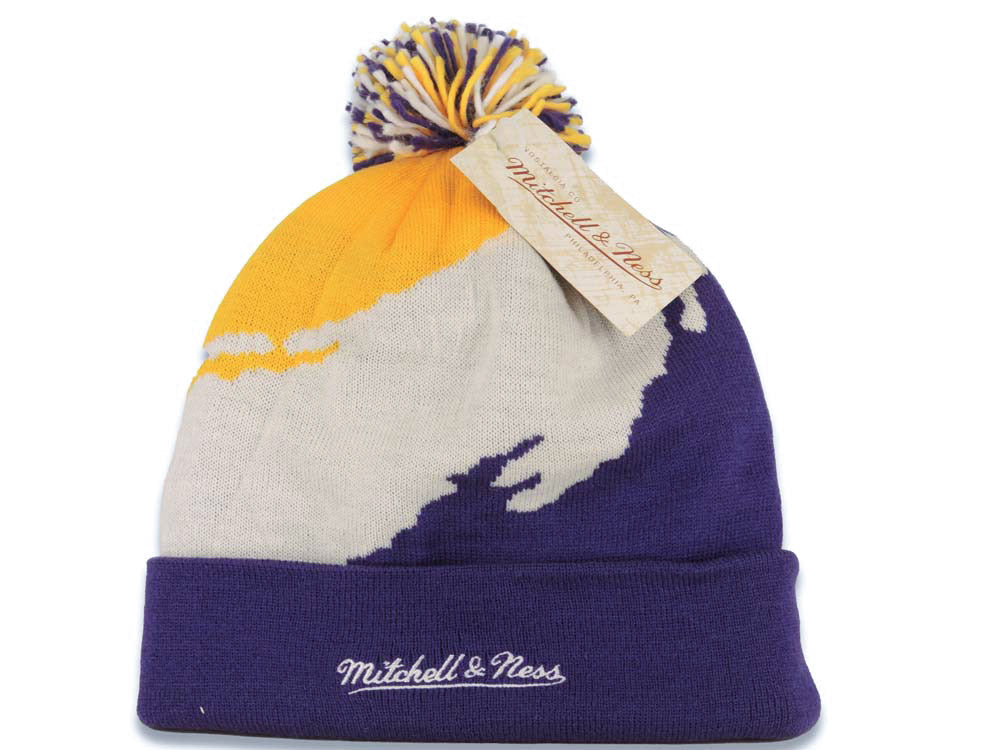 Los Angeles Lakers Mitchell & Ness NBA Pom Paint Knit Beanie Yellow/White/Purple Crown/Visor Team Color Logo
