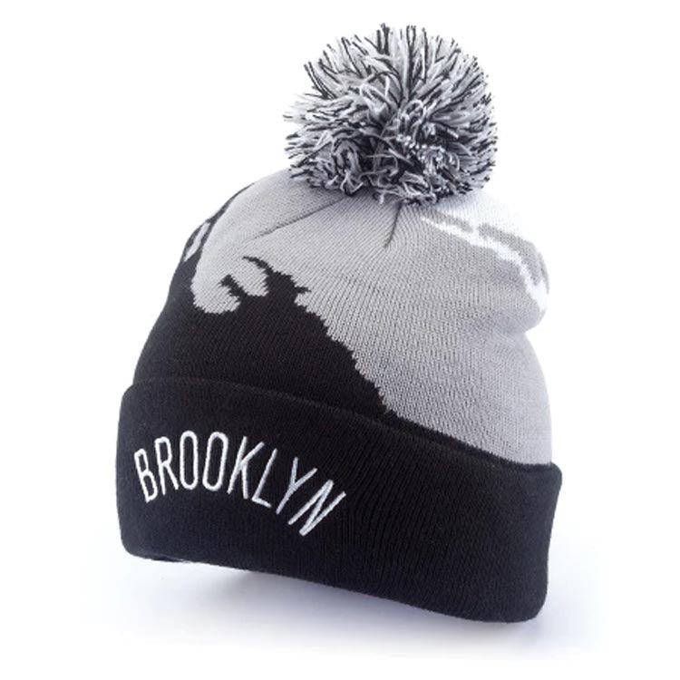 Brooklyn Nets NBA Pom Knit Beanie White/Gray/Black Crown/Visor White Logo (Current Paintbrush)
