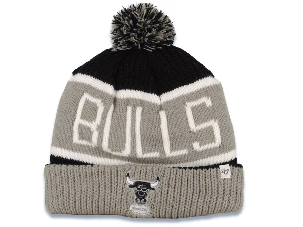Chicago Bulls '47 Brand NBA Calgary Pom Knit Beanie Black/Gray Crown/Visor Team Color Logo