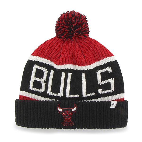 Chicago Bulls '47 Brand NBA Pom Knit Beanie Red/Black Crown/Visor Team Color Logo (Calgary Knit)