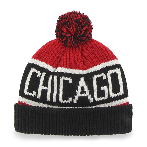 Chicago Bulls '47 Brand NBA Pom Knit Beanie Red/Black Crown/Visor Team Color Logo (Calgary Knit)