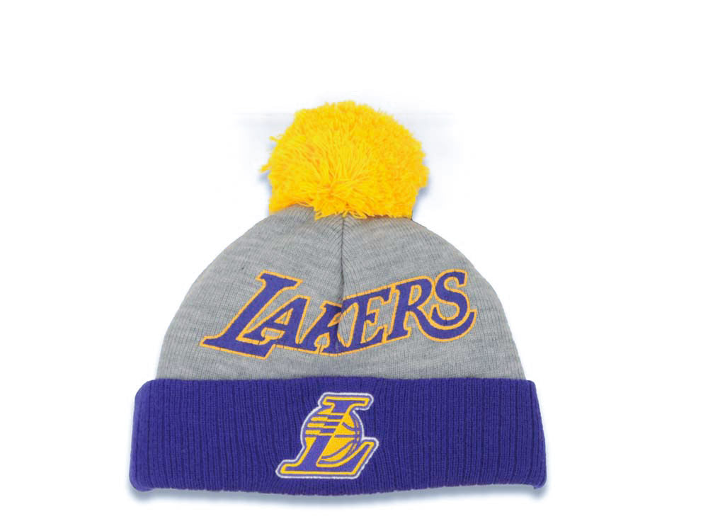 (Toddler) Los Angeles Lakers Adidas NBA Kid Pom Knit/Beanie Gray/Yellow/Purple Crown/Visor Team Color Logo