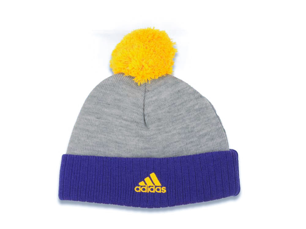 (Toddler) Los Angeles Lakers Adidas NBA Kid Pom Knit/Beanie Gray/Yellow/Purple Crown/Visor Team Color Logo
