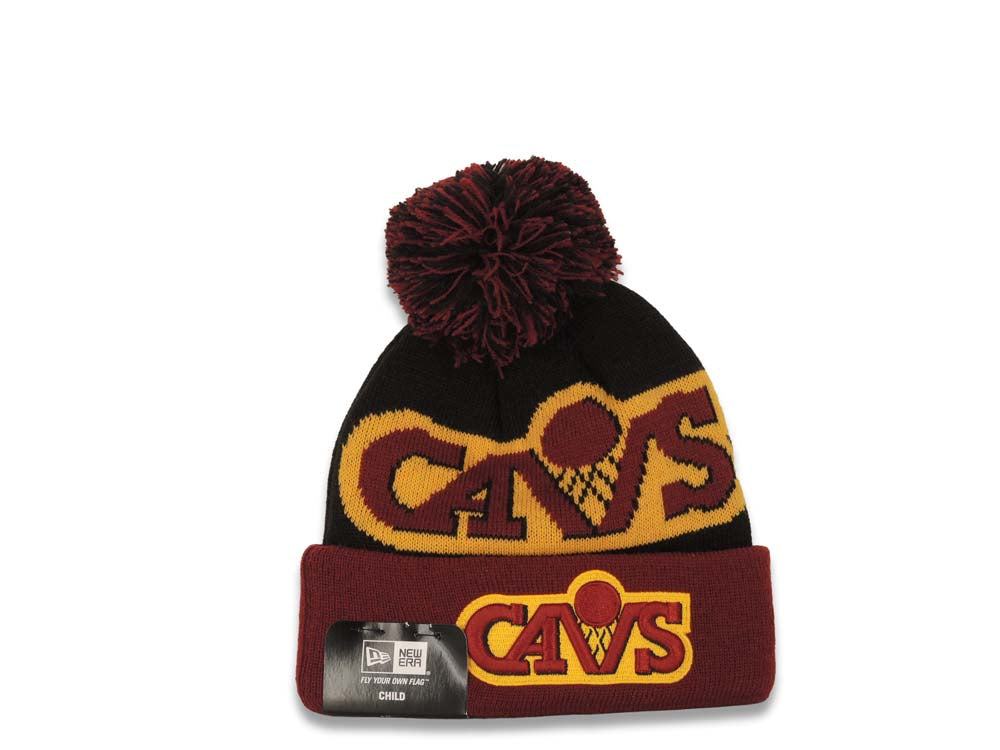 (Youth) Cleveland Cavaliers New Era NBA Cuffed Pom Fresh Kid Knit Beanie Hat Black/Maroon Crown/Visor Team Color Logo