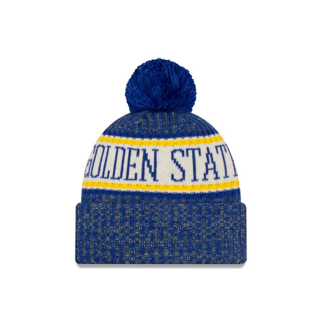 Golden State Warriors New Era NBA Cuffed Pom Knit Sideline 2018 Hat Royal Blue/Yellow/White Crown/Visor Team Color Logo