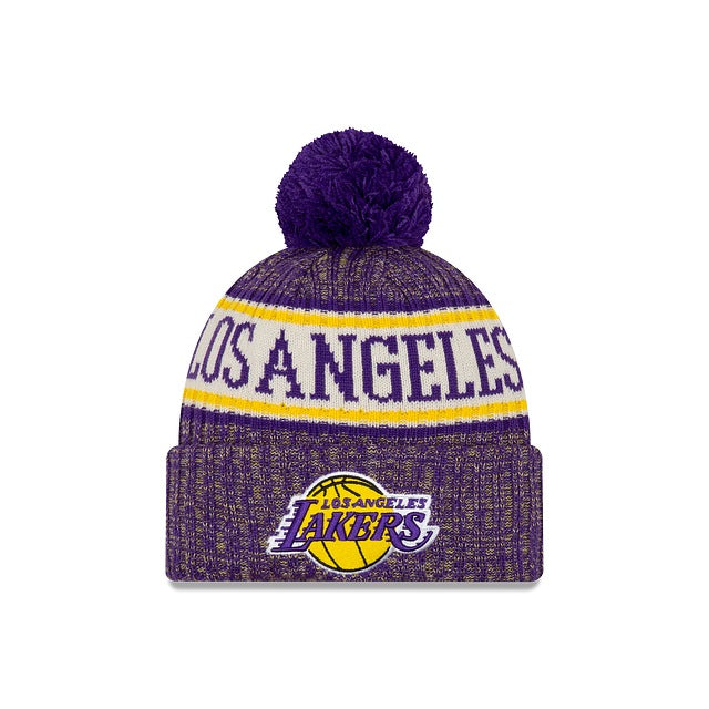Los Angeles Lakers New Era NBA 2018 Sideline Cuffed Pom Knit Purple/Yellow/White Team Color Logo