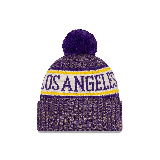 Los Angeles Lakers New Era NBA 2018 Sideline Cuffed Pom Knit Purple/Yellow/White Team Color Logo