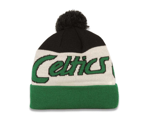 Boston Celtics New Era NBA Cuffed Pom Script A3 Beanie/Knit Hat Black/White/Green Crown/Visor Team Color Logo
