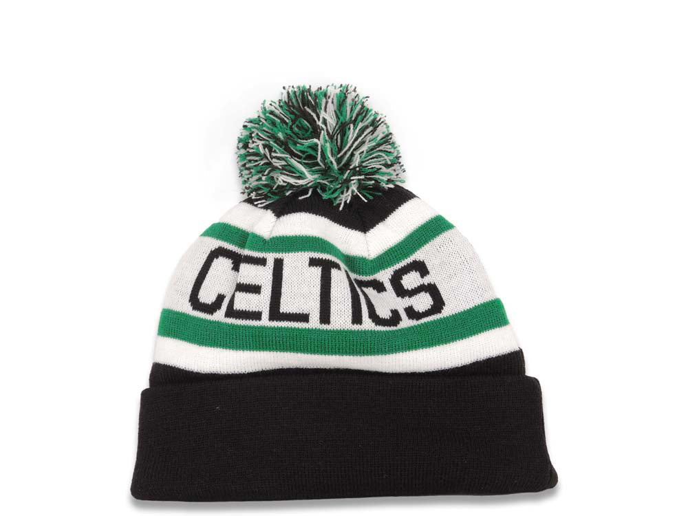 Boston Celtics New Era NBA Cuffed Pom Knit Hat Black/White/Green Crown/Visor Team Color Logo