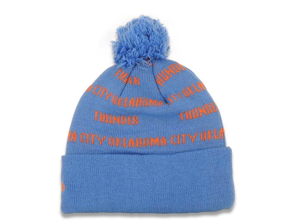 Oklahoma City Thunder New Era NBA Script A3 Cuffed Pom Knit Hat Sky Blue/Red Crown/Visor Team Color Logo