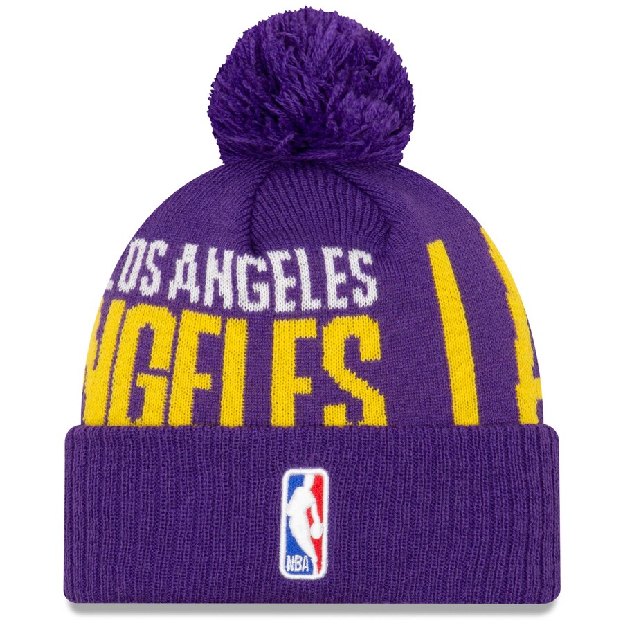 Los Angeles Lakers New Era NBA 2019 Tip Off Cuffed Pom Knit Hat Purple/Yellow Crown/Visor Team Color Logo
