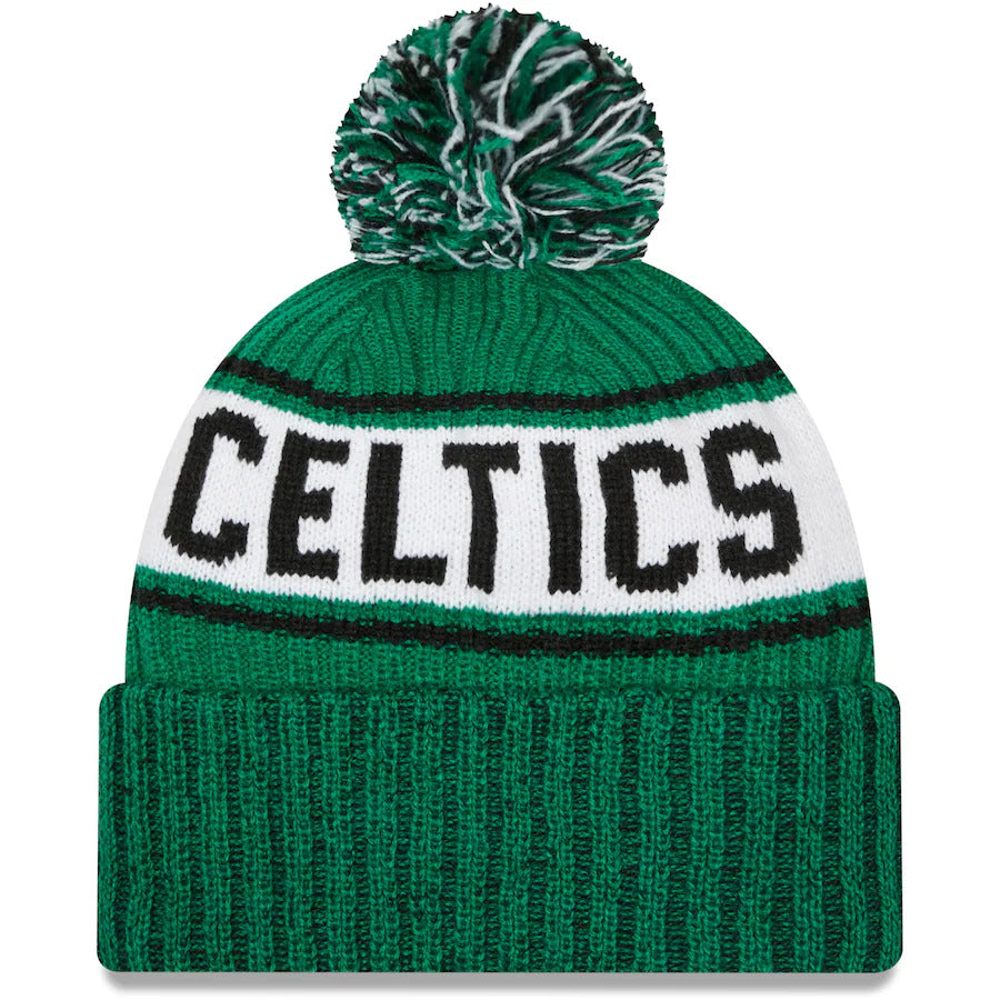 Boston Celtics New Era NBA Cuffed Pom Knit Beanie Hat White/Green Crown/Visor Team Color Logo (Knit Marl)