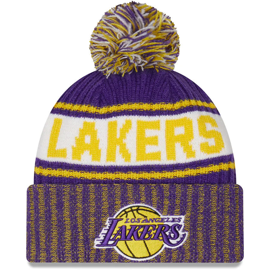 Los Angeles Lakers New Era NBA Cuffed Pom Knit Beanie Hat White/Yellow/Purple Crown/Visor Team Color Logo (Knit Marl)