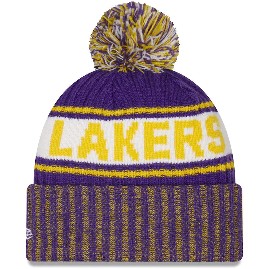 Los Angeles Lakers New Era NBA Cuffed Pom Knit Beanie Hat White/Yellow/Purple Crown/Visor Team Color Logo (Knit Marl)