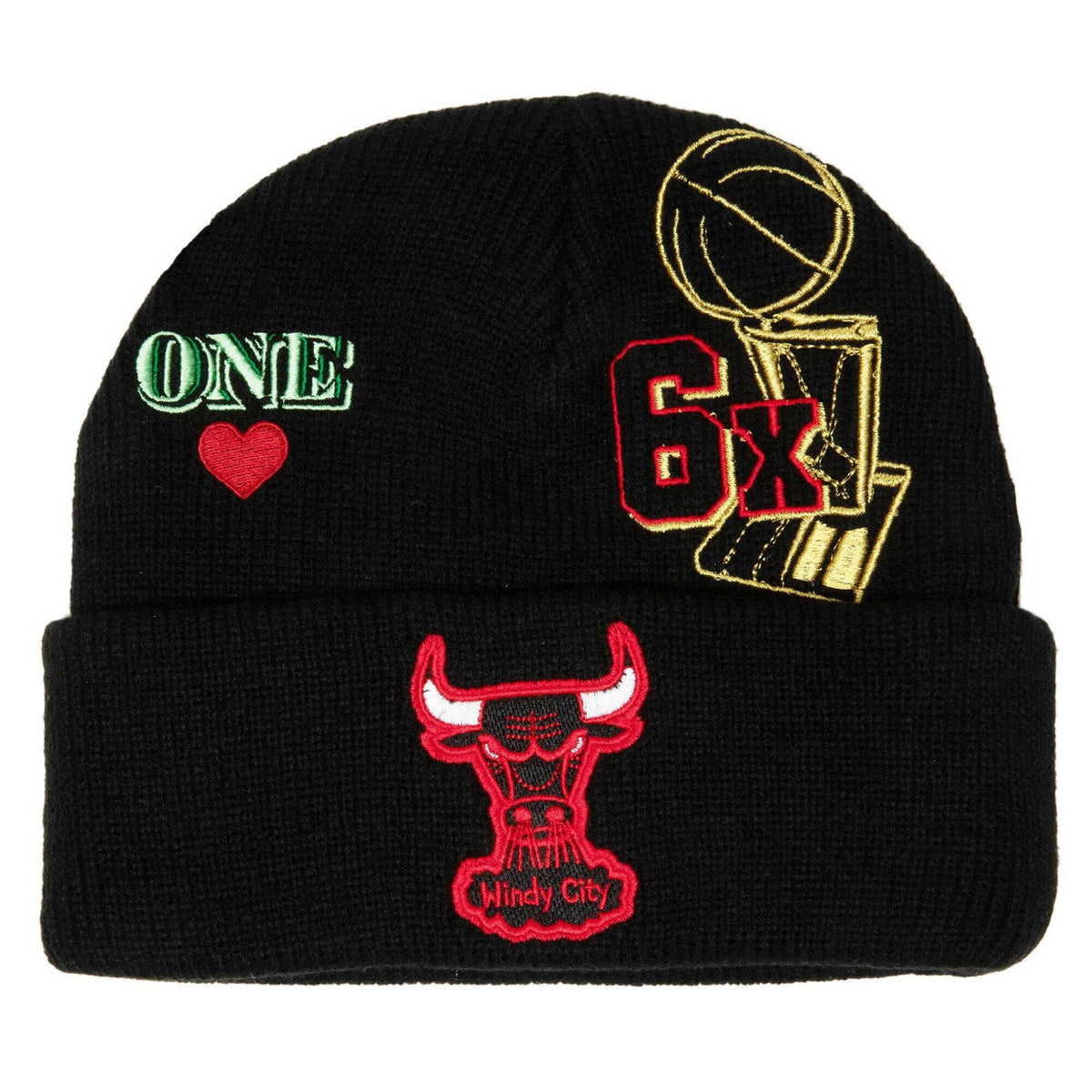 Chicago Bulls Mitchell & Ness NBA Cuffed Knit Beanie Hat Black Crown/Visor Team Color Logo With Patches (Hyper Local)