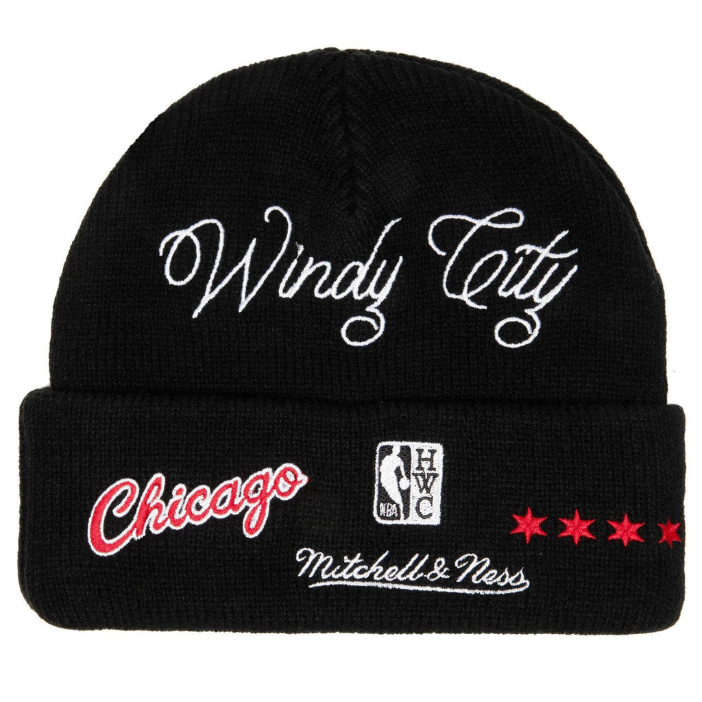 Chicago Bulls Mitchell & Ness NBA Cuffed Knit Beanie Hat Black Crown/Visor Team Color Logo With Patches (Hyper Local)
