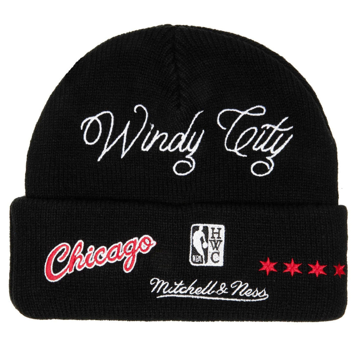 Chicago Bulls Mitchell & Ness NBA Cuffed Knit Beanie Hat Black Crown/Visor Team Color Logo With Patches (Hyper Local)