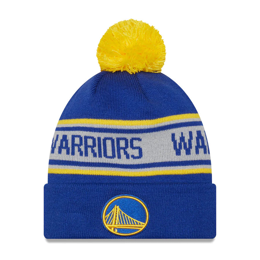 Golden State Warriors New Era NBA Cuffed Pom Knit Beanie Hat Royal Blue/White/Yellow Crown/Visor Team Color Logo (Repeat)