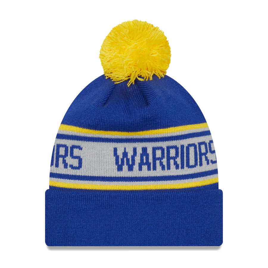 Golden State Warriors New Era NBA Cuffed Pom Knit Beanie Hat Royal Blue/White/Yellow Crown/Visor Team Color Logo (Repeat)