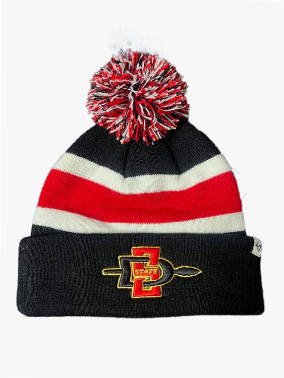 San Diego State Aztecs '47 Brand NCAA Pom Knit Beanie Black/Red/White Crown/Visor Team Black/Red/Metallic Gold Logo (Break Away)