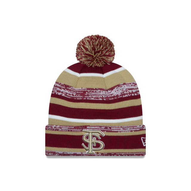 Florida State Seminoles New Era NCAA Cuffed Pom Knit Beanie Hat Cardinal/Tan Crown/Visor Team Color Logo (2014 Sideline)