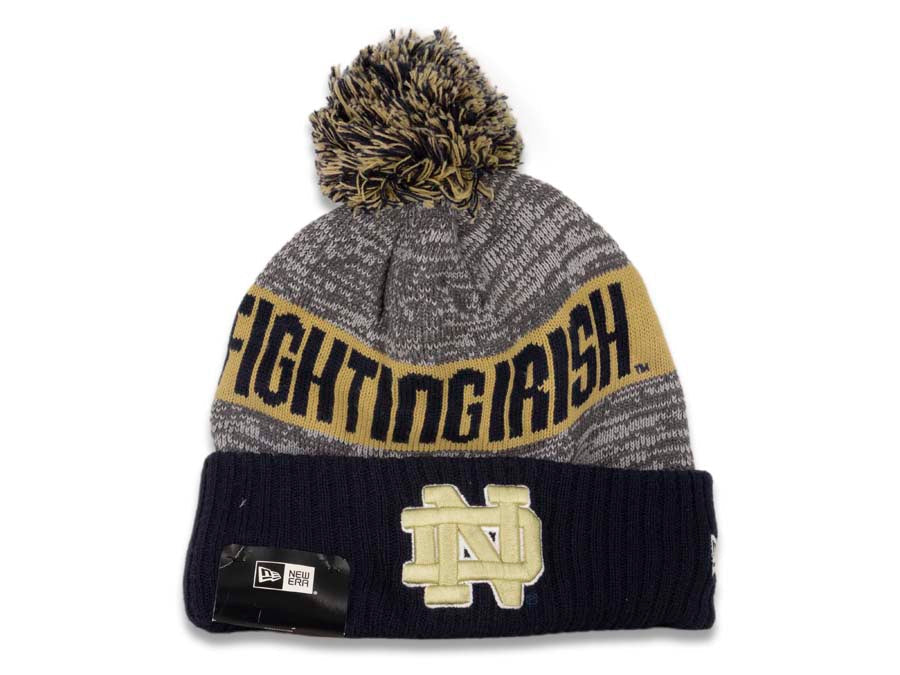 Notre Dame Fighting Irish New Era Cuffed Pom Knit Beanie Gray/Black/Tan Crown/Cuff Team Color Logo